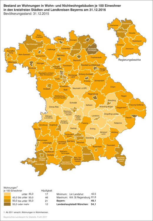 Bestand an Wohnungen in Wohn- und Nichtwohngebäuden je 100 Einwohner in den kreisfreien Städten und Landkresien Bayerns am 31.12.2016 Bestand an Wohnungen in Wohn- und Nichtwohngebäuden je 100 Einwohner in den kreisfreien Städten und Landkresien Bayerns am 31.12.2016