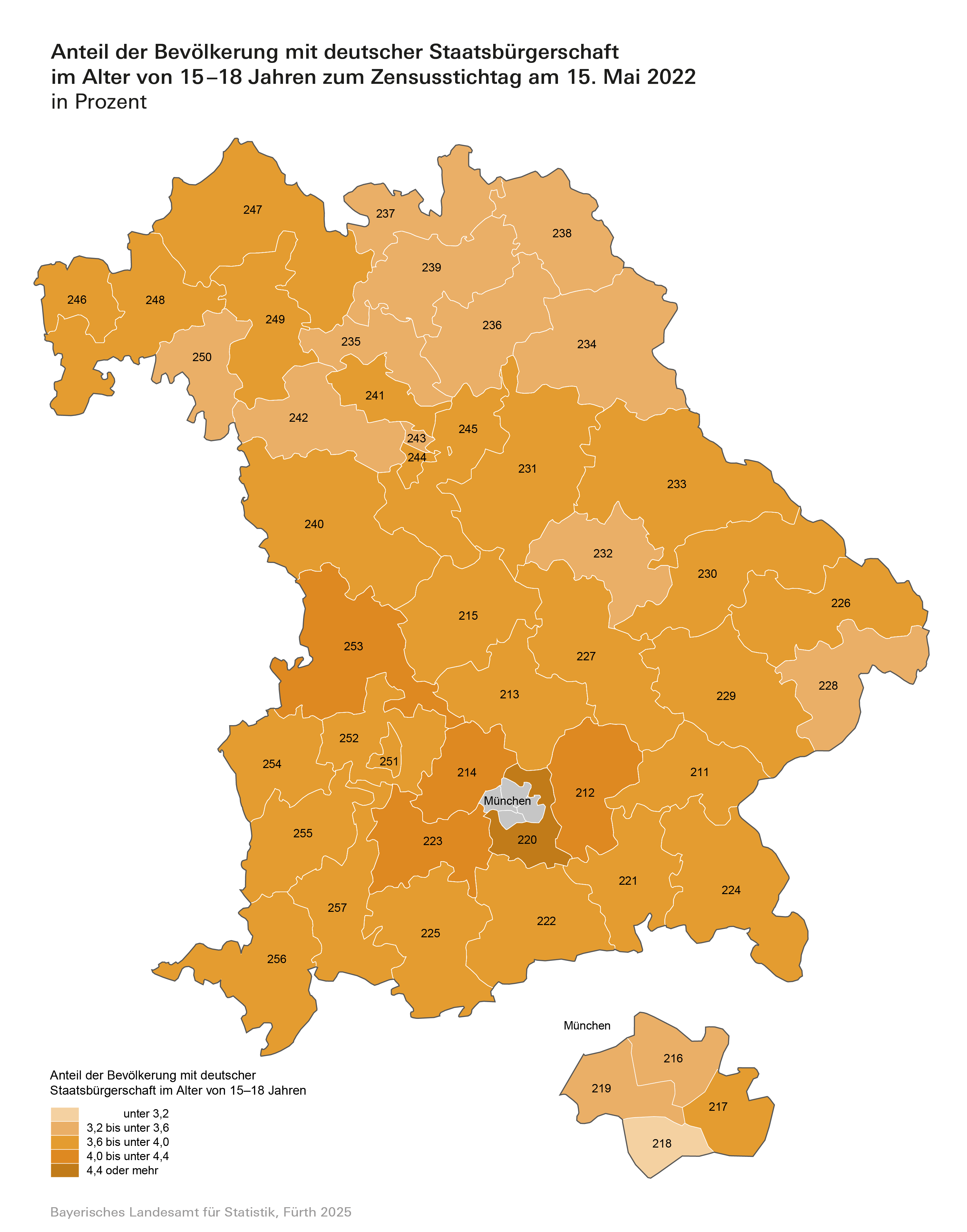 Karte: Anteil der Bevölkerung mit deutscher Staatsbürgerschaft im Alter von 15-18 Jahren zum Zensusstichtag am 15. Mai 2022 in Prozent Karte: Anteil der Bevölkerung mit deutscher Staatsbürgerschaft im Alter von 15-18 Jahren zum Zensusstichtag am 15. Mai 2022 in Prozent