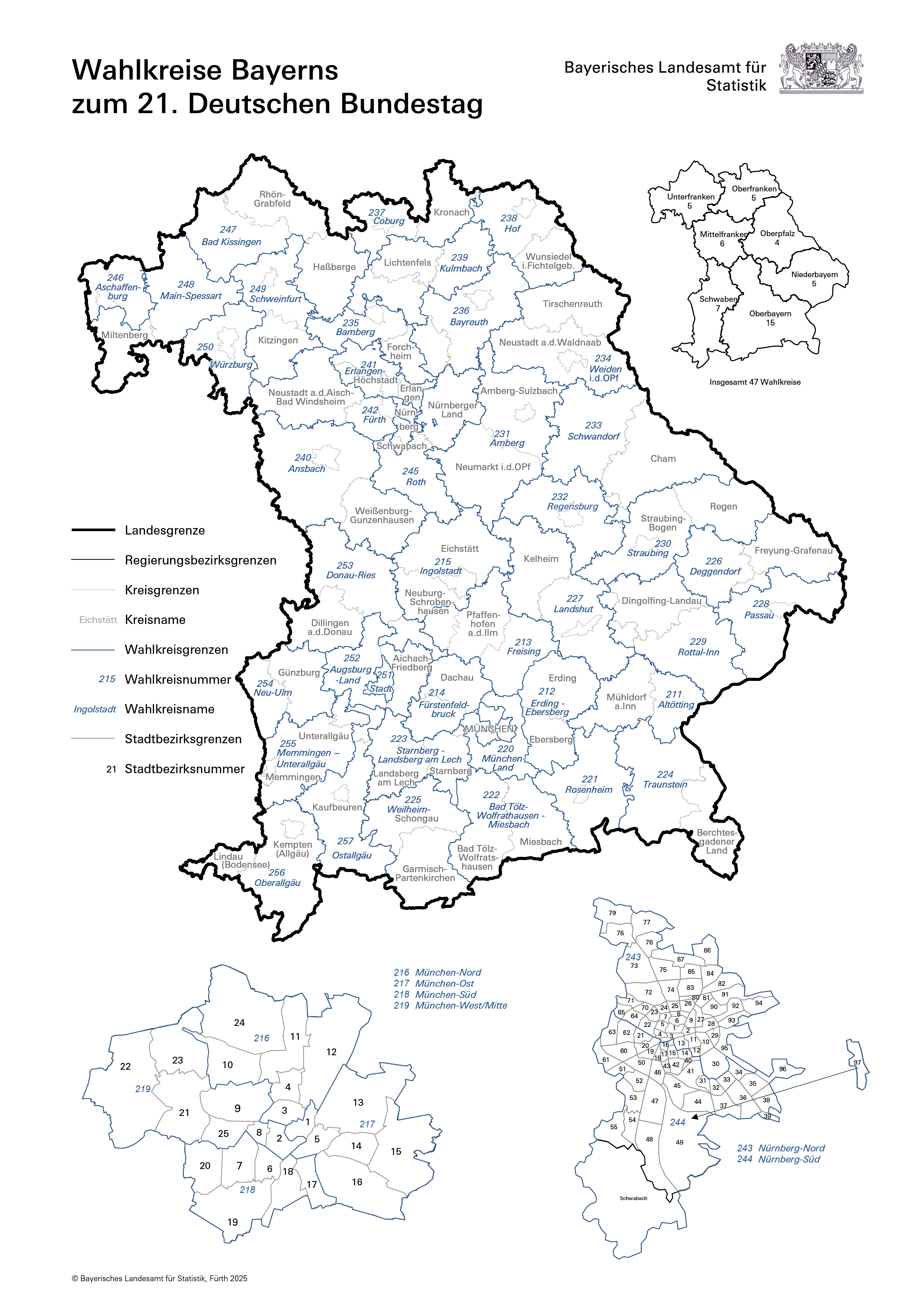 Karte der Wahlkreise in Bayern zum 21. Deutschen Bundestag Karte der Wahlkreise in Bayern zum 21. Deutschen Bundestag