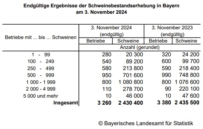 Tabelle: Endgültige Ergebnisse der Schweinebestandserhebung in Bayern am 3. November 2024 nach Größenklassen Tabelle: Endgültige Ergebnisse der Schweinebestandserhebung in Bayern am 3. November 2024 nach Größenklassen