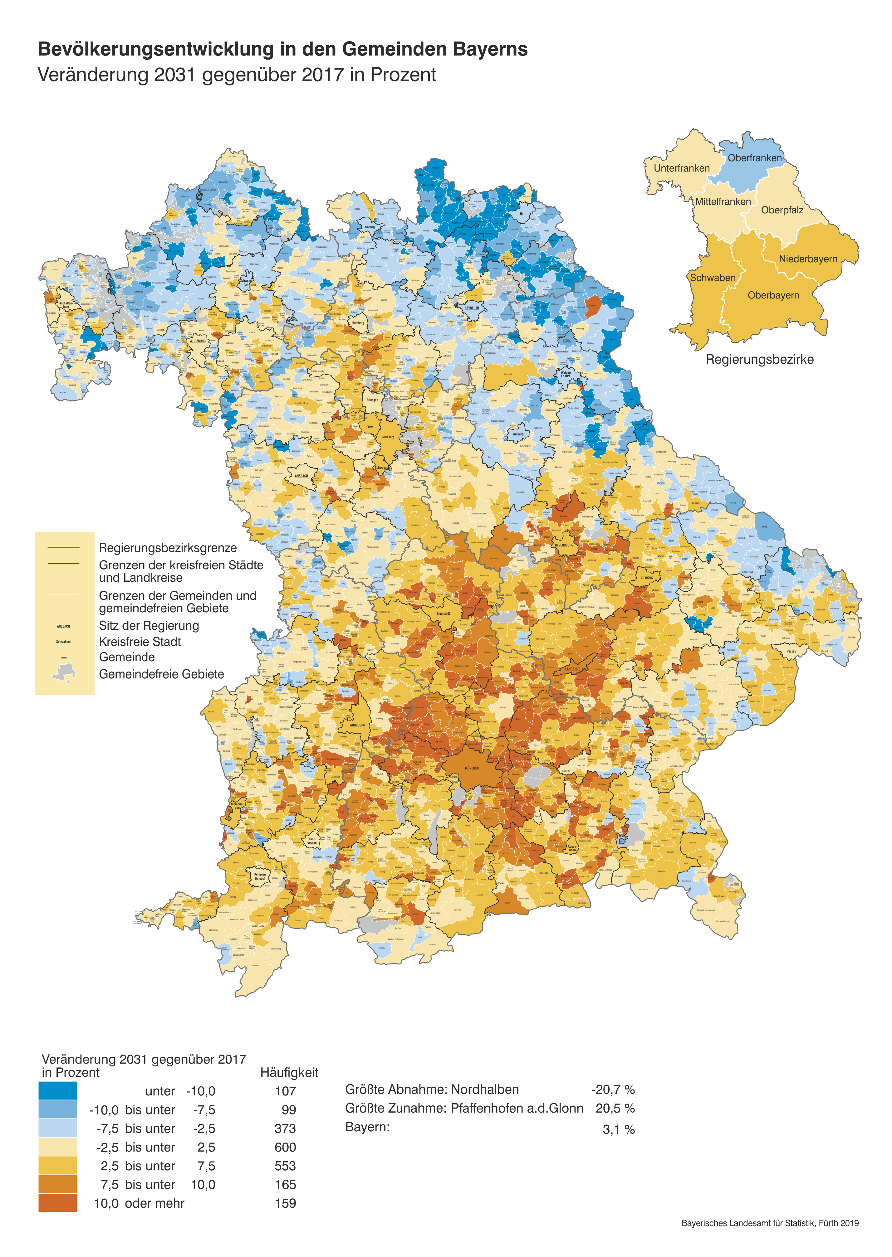 Bevölkerungsentwicklung in den Gemeinden Bayerns: Veränderung 2031 gegenüber 2017 in Prozent Bevölkerungsentwicklung in den Gemeinden Bayerns: Veränderung 2031 gegenüber 2017 in Prozent